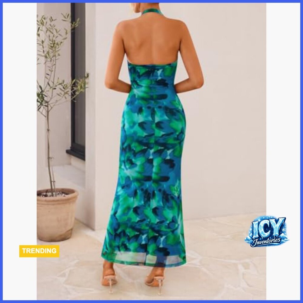 Halter Neck Floral Print Maxi Dress Sleeveless Backless Bodycon Long - Picture 3 of 7